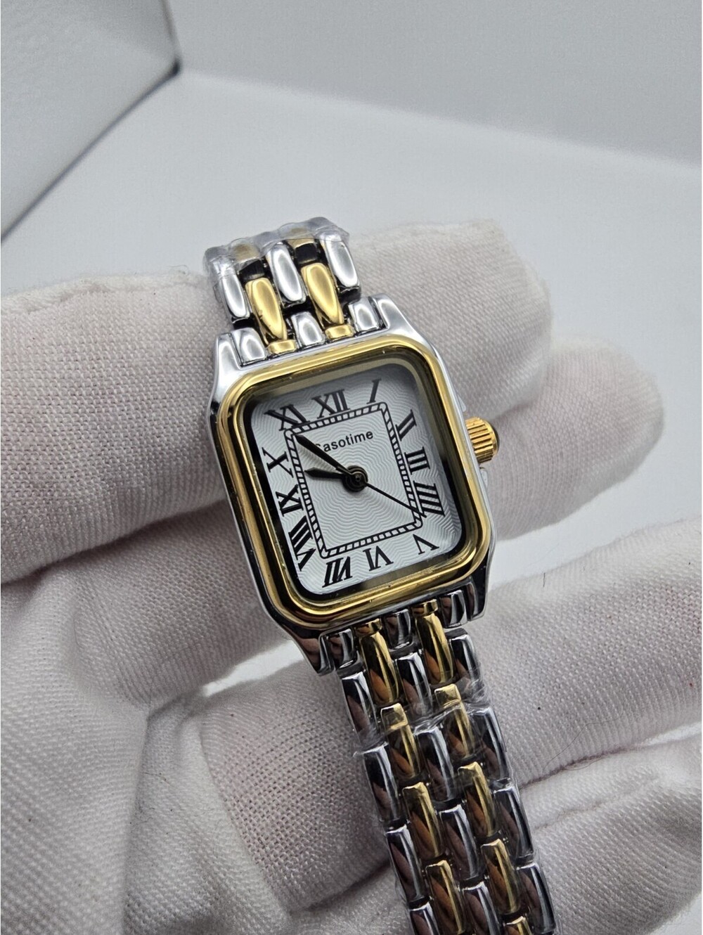 Casotime Women's Square Roman Numeral Quartz Watch Two Tone Gold Silver Bracelet